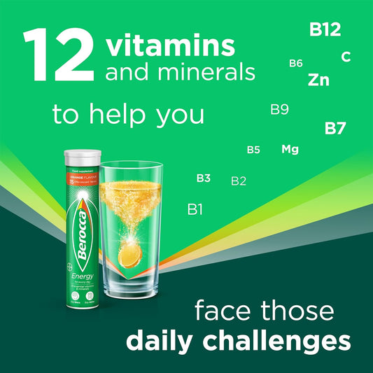 Berocca Energy Effervescent Tablets Including B Vitamins, Magnesium & Zinc - Vitamin C - Support Energy Release & Immune System* - 60 Tablets - Orange Flavour