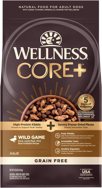 Wellness CORE+ Natural Grain Free Dry Dog Food, Wild Game Duck, Wild Boar & Rabbit with Freeze Dried Lamb, 10-Pound Bag