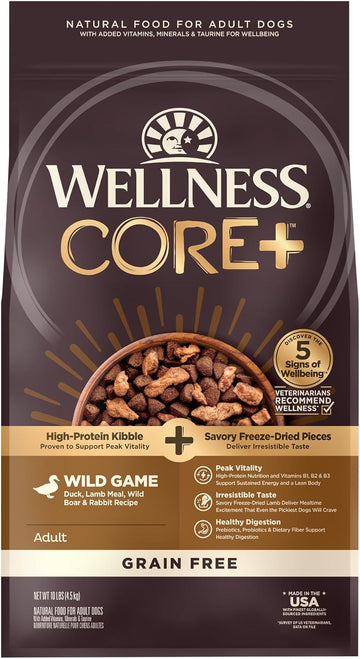 Wellness Core+ (Formerly Rawrev) Natural Grain Free Dry Dog Food, Wild Game Duck, Wild Boar & Rabbit With Freeze Dried Lamb, 10-Pound Bag