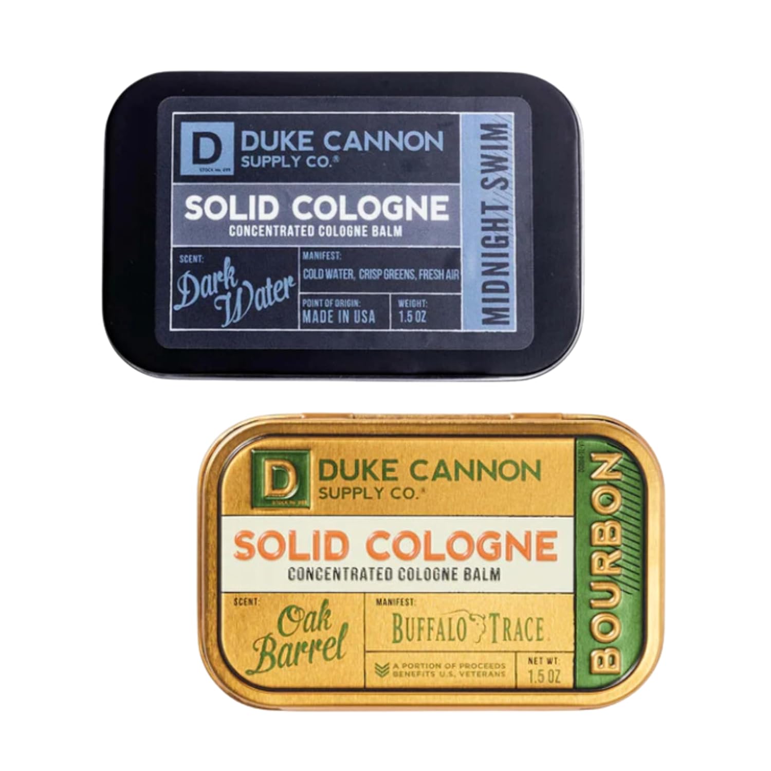 Duke Cannon Supply Co. Solid Cologne - Portable Concentrated Cologne Balm, Travel-Friendly - Bay Rum + Bourbon - (1.5 Oz Each)