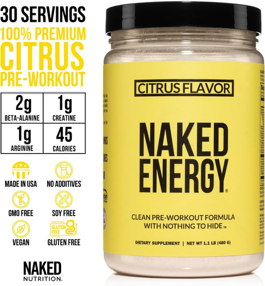 NAKED nutrition Citrus Naked Energy - Citrus Flavored Clean Pre Workout Supplement for Men and Women, Vegan Friendly, No Added Sweeteners, Colors Or Flavors - 30 Servings