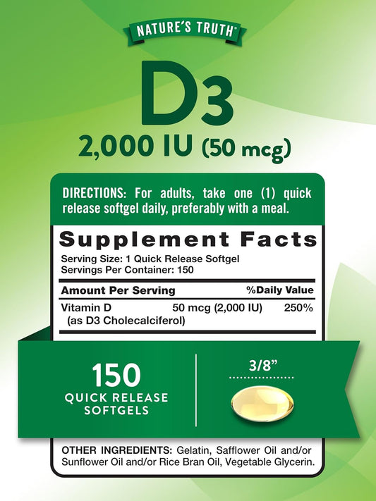 Nature'S Truth Vitamin D3 2000 Iu Softgels | 150 Count | High Potency | Non-Gmo And Gluten Free Supplement