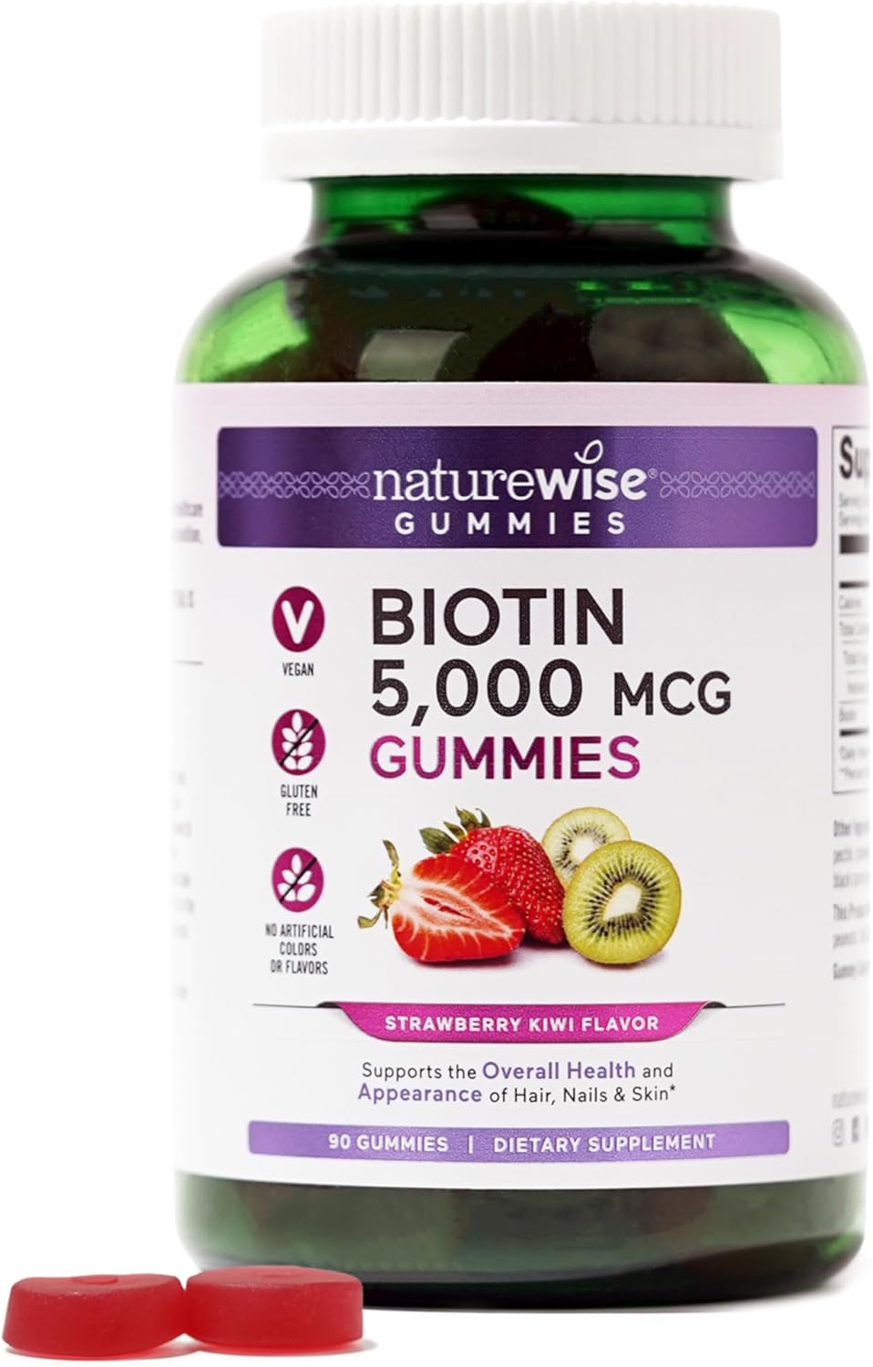 Naturewise Biotin Gummies - Hair, Skin And Nails Supplement - Vitamin B7 5000Mcg Supports Hair And Nail Strength - Strawberry-Kiwi Flavor - Vegan, Non-Gmo, Gluten Free - 90 Count[45 Day Supply]