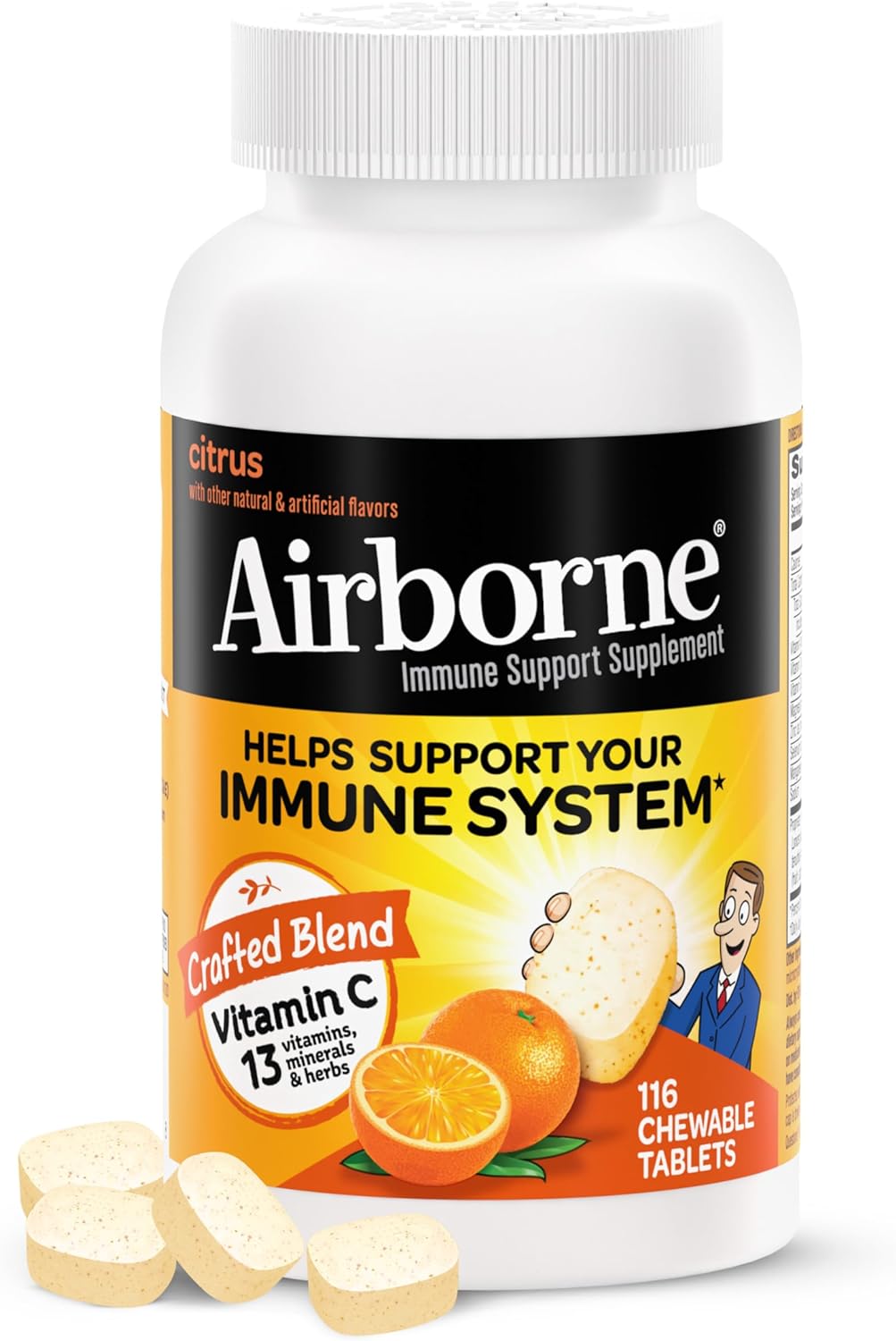 Airborne 1000mg Vitamin C Chewable Tablets with Zinc, Immune Support Supplement with Powerful Antioxidants Vitamins A C & E - (116 count bottle), Citrus Flavor, Gluten-Free