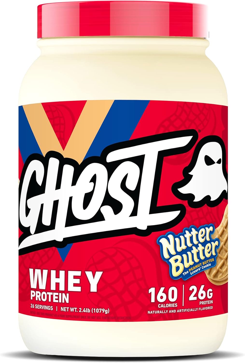 Ghost Whey Protein Powder, Nutter Butter - 2.4Lb Tub, 26G Of Protein - Peanut Butter Cookie Flavored Isolate, Concentrate & Hydrolyzed Whey Protein Blend