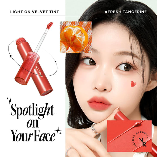 Nature Republic Light On Velvet Tint (03 Fresh Tangerine),Liquid Lipstick,Lip Tint,Blur Effect,Lip& Cheek,Nude Lip,Soft Creamy Matte Finish Lip,Velvety,Lip Stain,High Pigment,Korean Lip Makeup