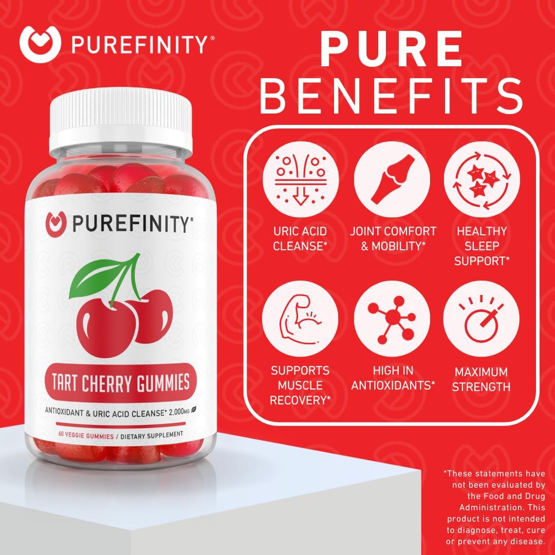 PUREFINITY Tart Cherry Gummies Raw Vegan Cherry Extract Gummy for Advanced Uric Acid Cleanse, Powerful Antioxidant with Joint Support - 60 Gummies : Health & Household