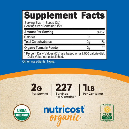 Nutricost Organic Turmeric Root Powder 1 LB (16oz) - Certified USDA Organic, Food Grade, Gluten Free, Non-GMO