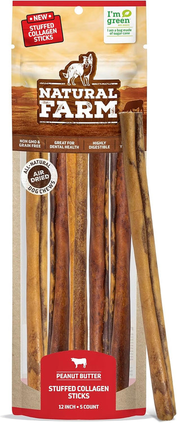 Natural Farm Peanut Butter Stuffed Collagen Sticks For Dogs (12 Inch, 5-Pack), Rawhide-Free Collagen Sticks, Natural Long Lasting Dog Chews For Small, Medium And Large Dogs, Great Rawhide Alternative