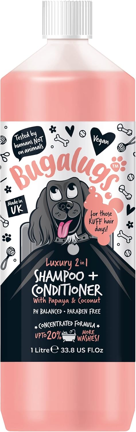 BUGALUGS Dog Shampoo Luxury 2 in 1 Papaya & Coconut dog grooming shampoo products for smelly dogs with fragrance, best puppy shampoo, professional groom Vegan pet shampoo & conditioner?BSL2IN11L