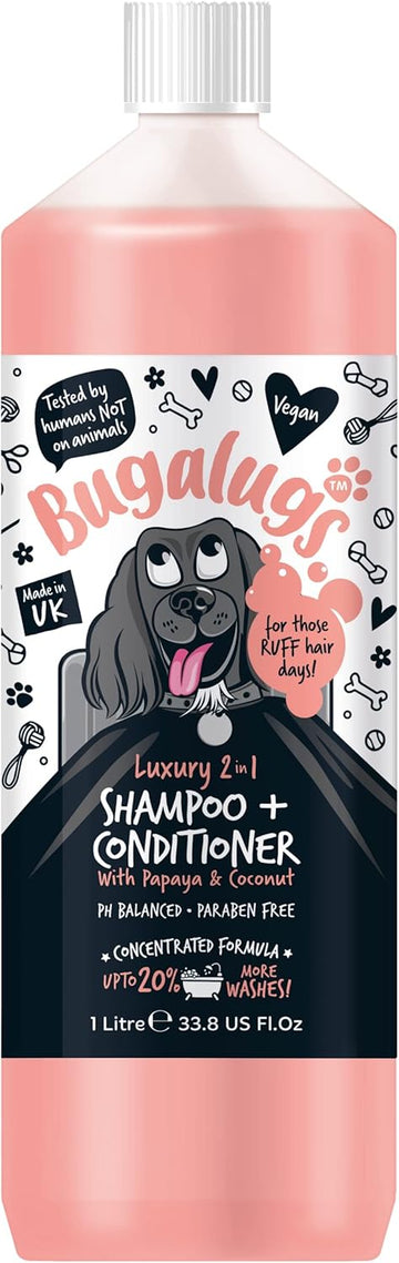 BUGALUGS Dog Shampoo Luxury 2 in 1 Papaya & Coconut dog grooming shampoo products for smelly dogs with fragrance, best puppy shampoo, professional groom Vegan pet shampoo & conditioner?BSL2IN11L