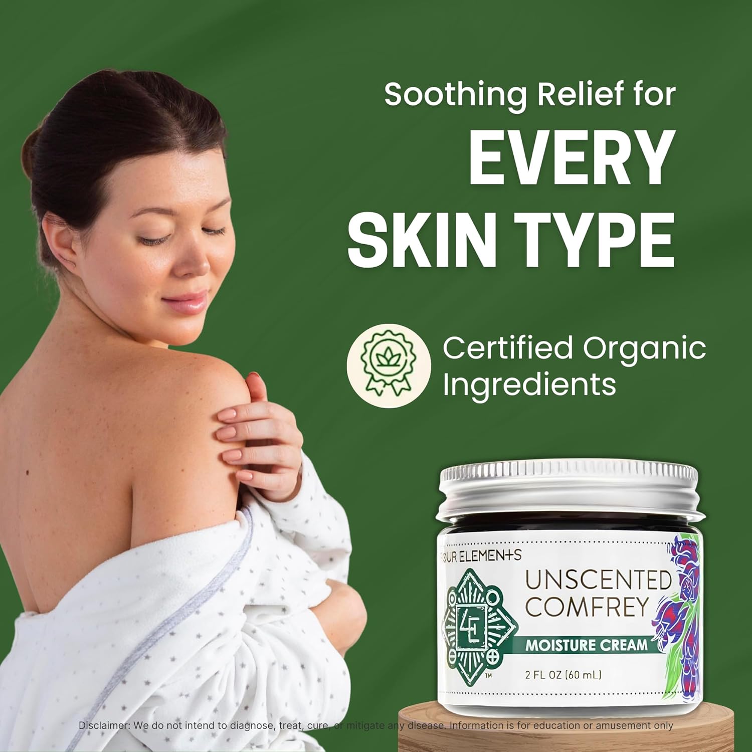 Four Elements 4E Unscented Comfrey Moisture Cream, Deeply Moisturize And Nourish Your Skin, Certified Organic, 2 Oz : Beauty & Personal Care