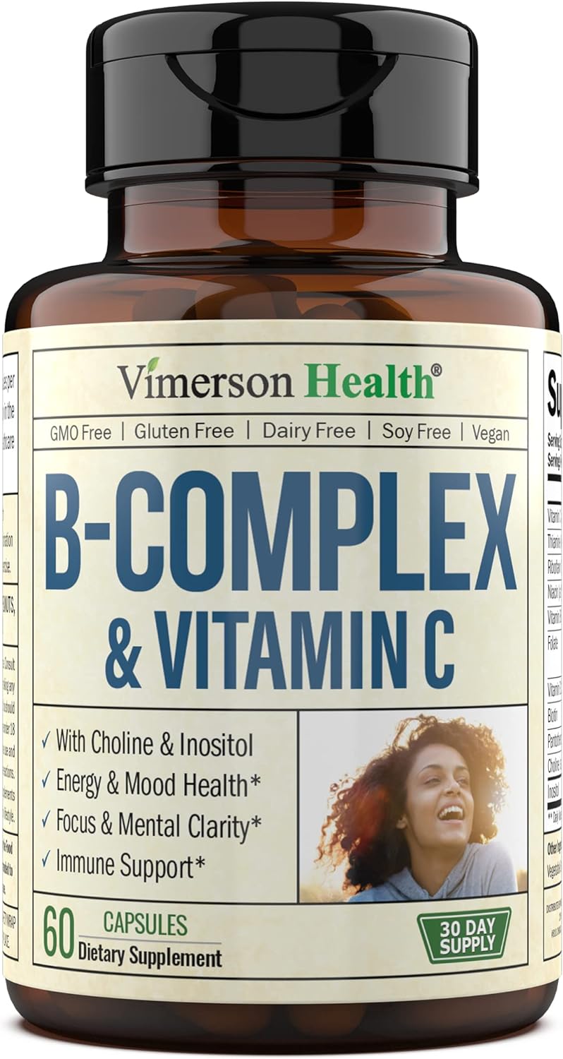 Vitamin B Complex with Vitamin C & Folic Acid (Folate) - 8 High Potency B Vitamins: B1, B2, B3, B5, B6, B7, Vitamin B12 + Biotin, Choline & Inositol. Aids Mood, Energy, Nervous System & Immune Support