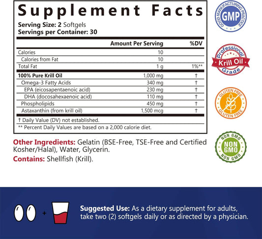 Antarctic Krill Oil 1000 Mg Softgels, Krill Oil Omega-3S, Epa, Dha, Astaxanthin & Phospholipids, Joint, Heart Health, 120 Softgels, Non-Gmo, No Gluten, Made In The Usa