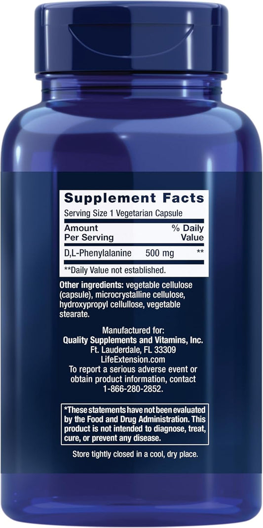Life Extension D, L-Phenylalanine Capsules, 500 Mg – Supports Mood Health, Promotes Neurotransmitter Health – Gluten-Free, Non-Gmo, Vegetarian – 100 Capsules