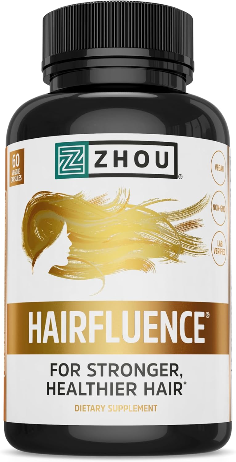 Zhou Hairfluence, Hair Growth Supplement With Clinically Studied Lustriva And Keranat And Hair Vitamins Biotin 5000Mcg, Vitamin D, A, C & B12, Non-Gmo, Gluten Free, 60 Vegcaps