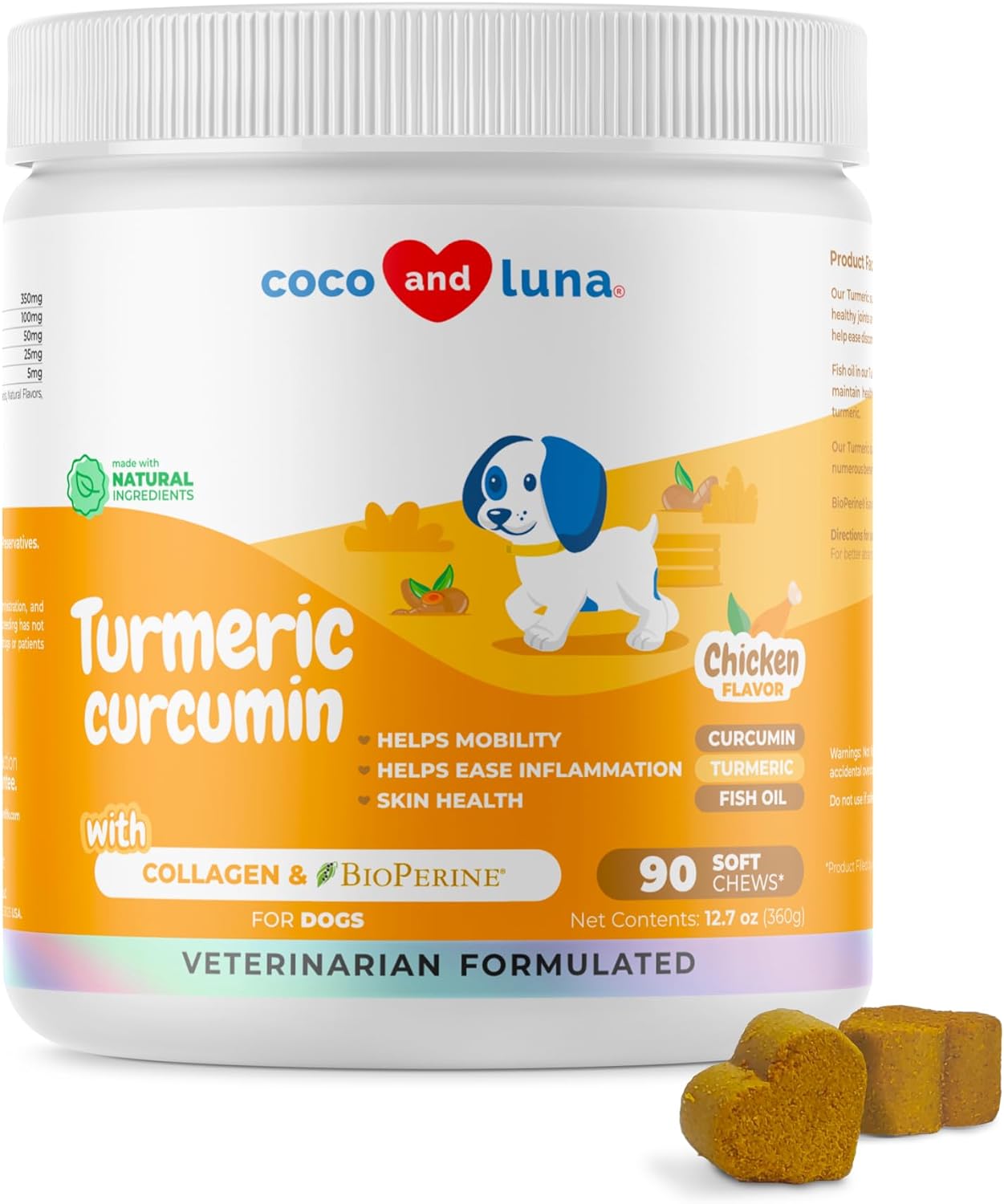 Turmeric Curcumin for Dogs - 90 Soft Chews - with Collagen, BioPerine and Fish Oil - Hip & Joint Support, Ease Inflammation, Antioxidant, Cardiovascular & Liver Support. (Soft Chews)