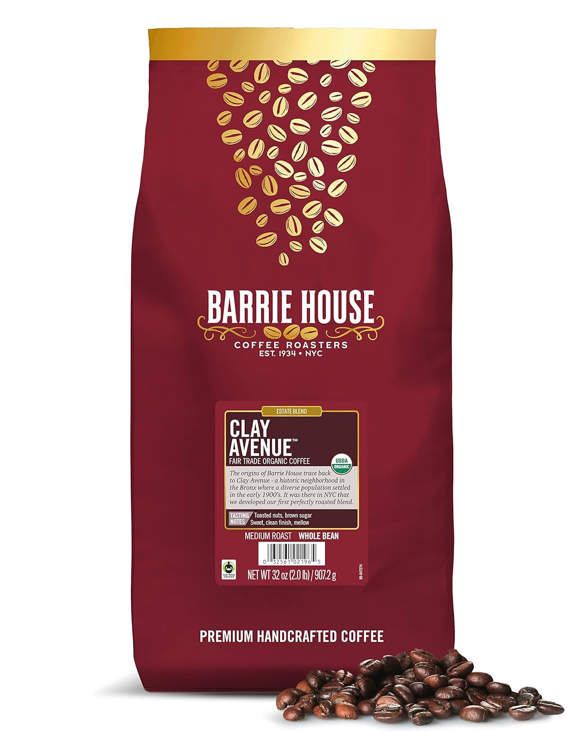 Barrie House Clay Avenue Donut Shop Whole Bean Coffee, 2 Lb Bag | Fair Trade Organic Certified | Medium Roast Coffee | Sweet And Mellow Flavor | 100% Arabica Coffee Beans