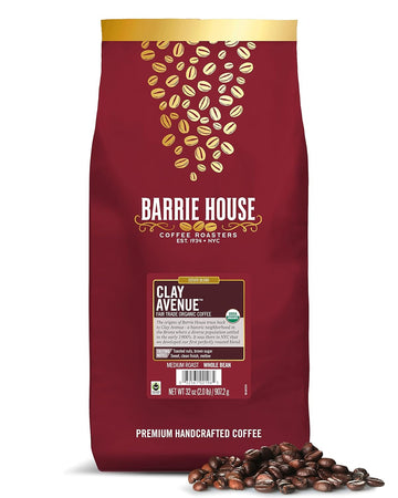 Barrie House Clay Avenue Donut Shop Whole Bean Coffee, 2 Lb Bag | Fair Trade Organic Certified | Medium Roast Coffee | Sweet And Mellow Flavor | 100% Arabica Coffee Beans