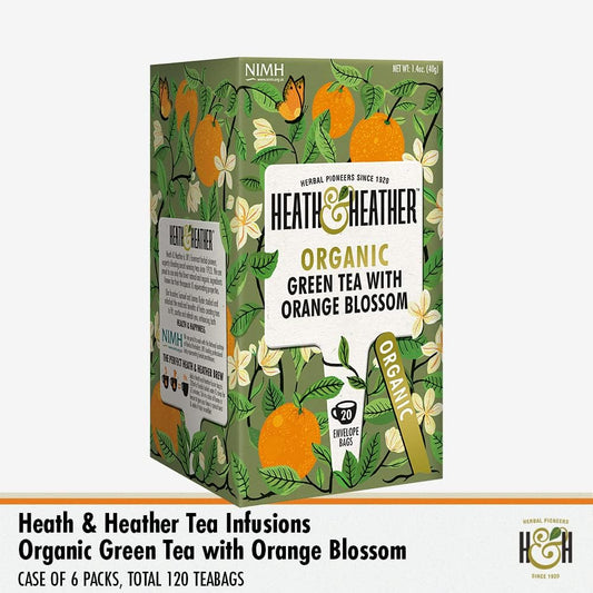 Heath & Heather Organic Green Tea With Orange Blossom (6 Packs Of 20, Total 120) Individually Wrapped Herbal Tea Infusions