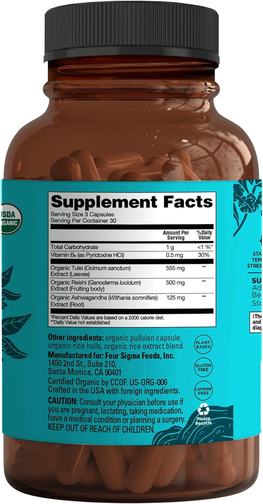 Four Sigmatic Calm Capsules | Vegan Stress Relief Supplement to Promote Positive Mood with Organic Ashwagandha Powder, Organic Reishi Mushroom, Tulsi (Holy Basil Extract), Vitamin B6 | 30 Servings