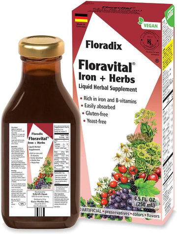 Floradix, Floravital Iron & Herbs Vegan Liquid Supplement, Energy Support for Women and Men, Easily Absorbed, Non-GMO, Vegan, Kosher, Lactose-Free, Unflavored, 8.5 Fl Oz