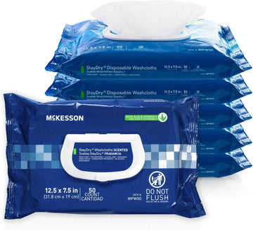 McKesson StayDry Disposable Wipe 6 Pack, 300 Washcloths - Large Adult Body and Incontinence Washcloths with Aloe and Vitamin E, Alcohol-Free, 50 Wipes Per Pack
