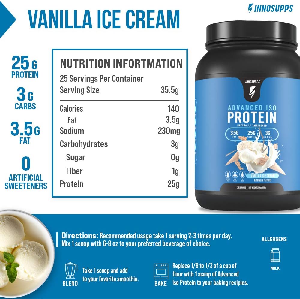 Innosupps Advanced Iso Protein | 100% Whey Isolate Protein Powder | No Artificial Sweeteners| Low Fat, Low Carbs | 25G Of Protein | Hormone Free, Gluten Free, Soy Free | (Vanilla Ice Cream) : Health & Household
