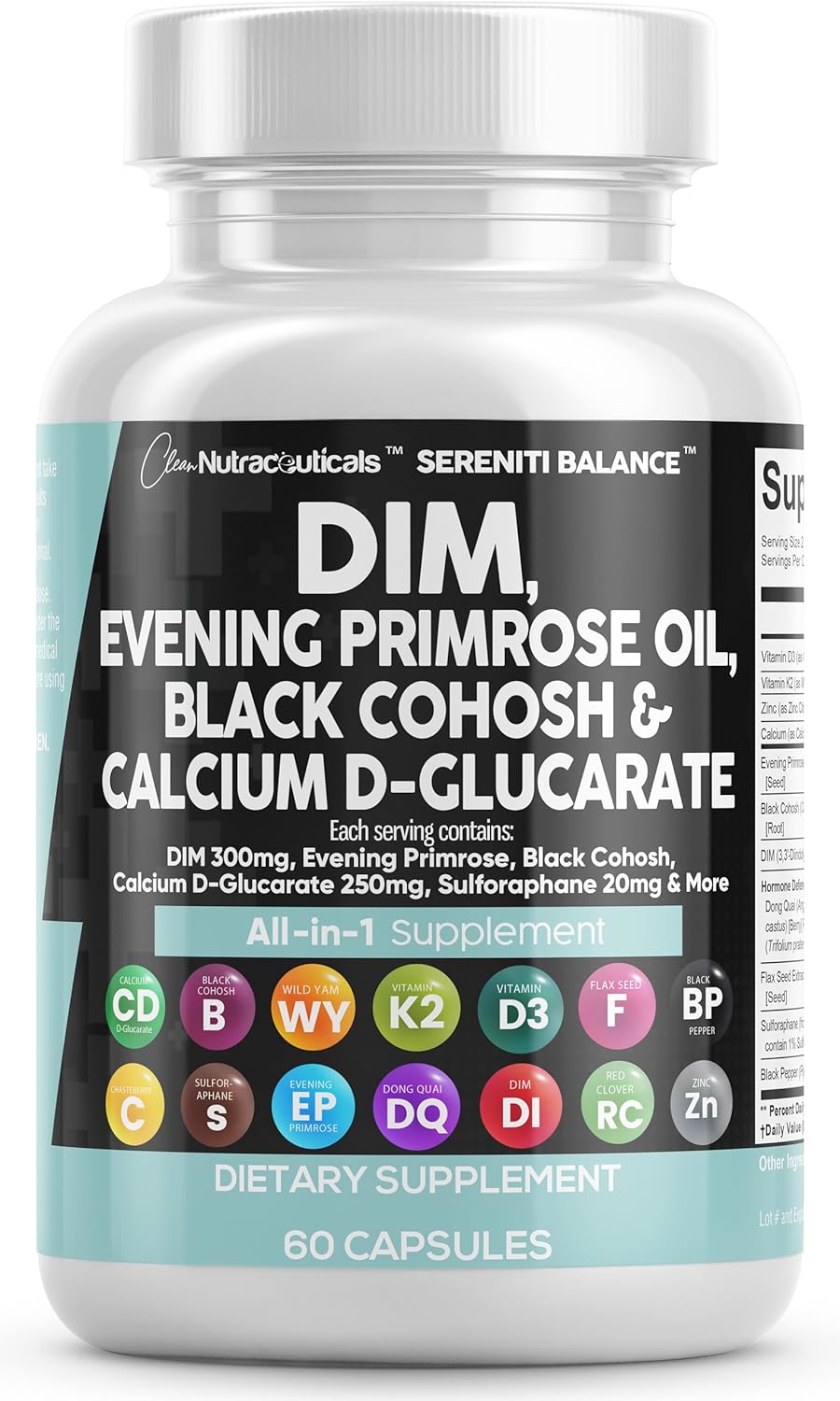 Clean Nutraceuticals Dim 300Mg Evening Primrose 3000Mg Black Cohosh 3000Mg Calcium D-Glucarate 250Mg Sulforaphane Flax Seed Extract - Hormonal Support Vitamins For Women With Dong Quai - 60 Caps