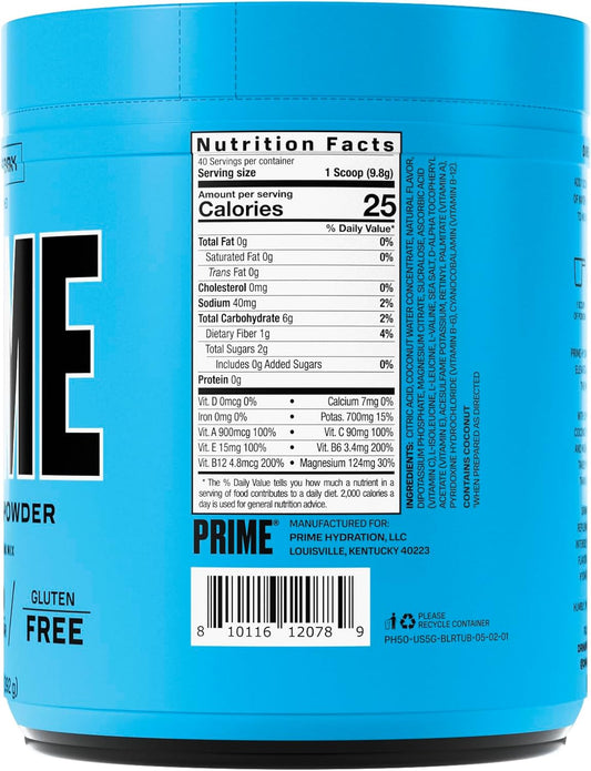 Prime Hydration+ Powder Blue Raspberry, Caffeine-Free, Electrolyte Powder On The Go, 250Mg Bcaas, B Vitamins, Antioxidants, Low Sugar, Vegan, 5 Gallon Tub