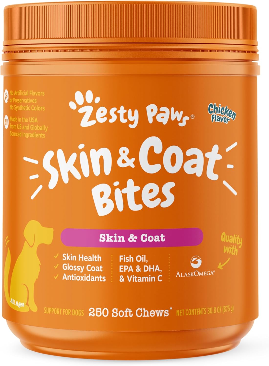 Zesty Paws Skin & Coat Bites For Dogs – Fish Oil Soft Chews With Omega-3 Fatty Acids Epa & Dha - Skin, Coat, Antioxidant & Immune Support – Chicken - 250 Count