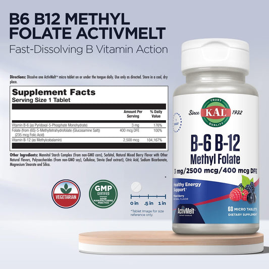 KAL Vitamin B-6 B-12 Methyl Folate ActivMelt, Vitamin B Supplement, Heart Health, Energy and Red Blood Cell Support with Methyl B12 and DFE Folic Acid, Natural Berry Flavor, 60 Servings, 60 Micro Tabs