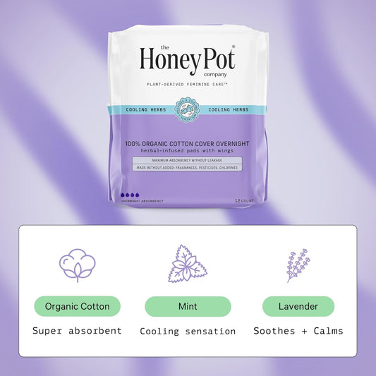 The Honey Pot Company - 48 Ct - Herbal Pads For Women - Overnight Pads W/Wings - Infused W/Essential Oils For Cooling Effect & Organic Cotton Cover - Sanitary Pads - Feminine Care - Fsa & Hsa