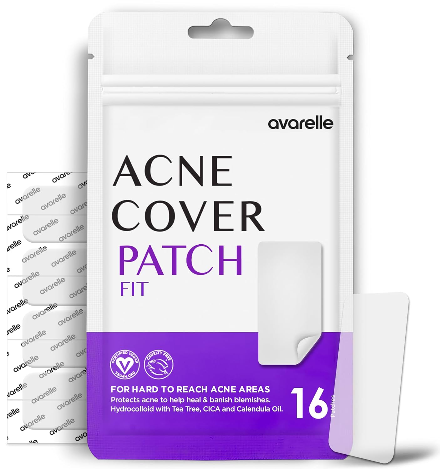Avarelle Acne Pimple Patch Fit Absorbing Hydrocolloid Spot Treatment With Tea Tree Oil, Calendula Oil And Cica, Certified Vegan, Cruelty Free (Fit / 16 Count)