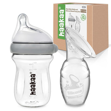 haakaa Manual Breast Pump 4oz/100ml and Glass Baby Bottle 6.3oz/180ml with Anti-Colic Body for Baby Feeding (Variable Flow Nipple, 6m+, Grey)