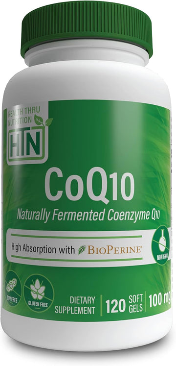 Health Thru Nutrition CoQ-10 100mg with BioPerine 120 Softgels | High Absorption Naturally Fermented USP Grade Coenzyme Q10 | 3rd Party Tested | Heart Health and Energy Support | Non-GMO