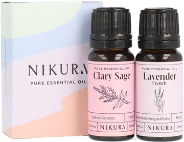 Nikura | Clary Sage & Lavender (French) Essential Oil Set | Sleep Oil, Labour Essentials | For Diffusers For Home | Hair, Massage, Candle Making, Soap | (2 X 10Ml) | Vegan & Uk Made
