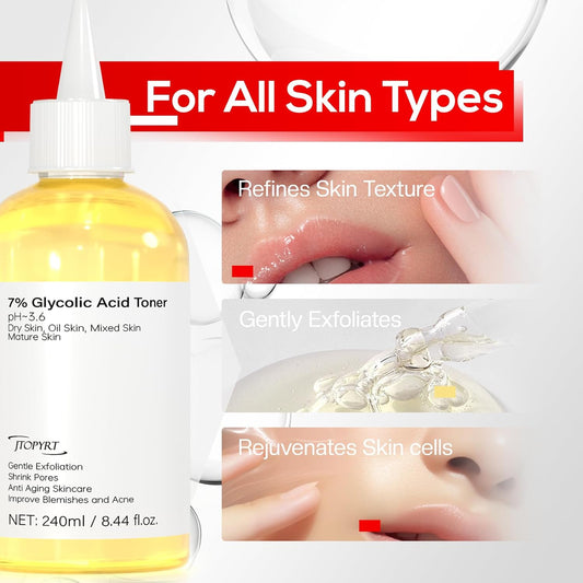 Glycolic Acid 7% Exfoliating Toner: Glycolic Acid Toner Gently Exfoliates 240Ml - Toning Solution Reduces Skin Blemishes