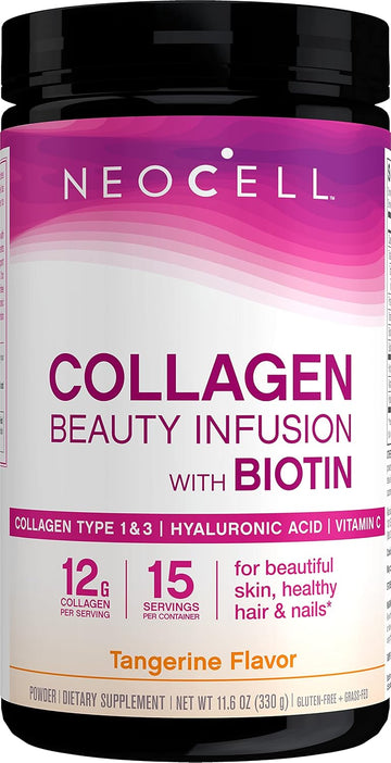 NeoCell Collagen Powder with Biotin, Vitamin C & Hyaluronic Acid, Collagen Type 1 & 3, Beauty Infusion Promotes Beautiful Skin, Healthy Hair & Nail, Gluten Free, Tangerine, 11.6