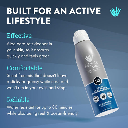 Aloe Up Sport Continuous Spray Sunscreen SPF 50 - Broad Spectrum UVA/UVB Sunscreen Protector for Face and Body - With Aloe Vera Gel - Fast Absorbing Sheer Formula - Reef Safe - Fragrance-Free - 6 Oz