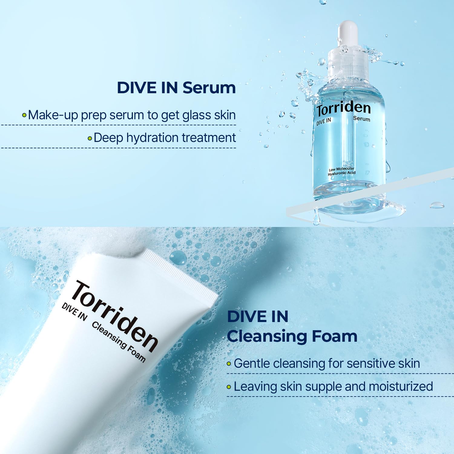 TORRIDEN Dive-in Low-molecular Hyaluronic Acid Serum 1.69 fl oz + Facial Cleansing Foam 5.07 fl oz | Vegan Clean Cruelty Free Facial Deep Hydrating Moisturizer and Cleanser : Beauty & Personal Care