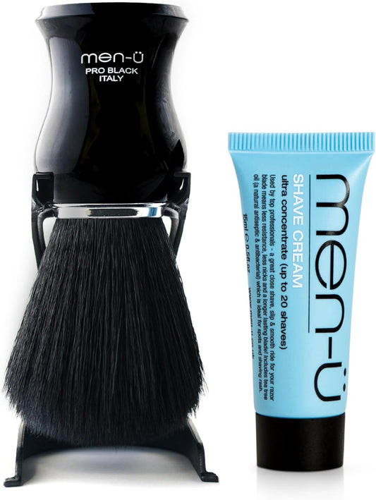 Men-Ü Pro Black Shaving Brush Set – Mens Shaving Brush, Exclusive Manufactured Bristles. New Generation Modern Italian Shaving Brush, Vegan, No Bristle Loss & Includes 15Ml Shave Cream Tube