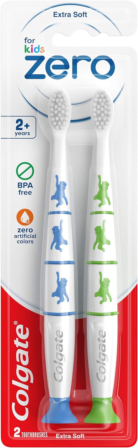 Colgate Zero Kids Toothbrush with Extra Soft Bristles and Suction Cup Holder, BPA Free - 2 Count