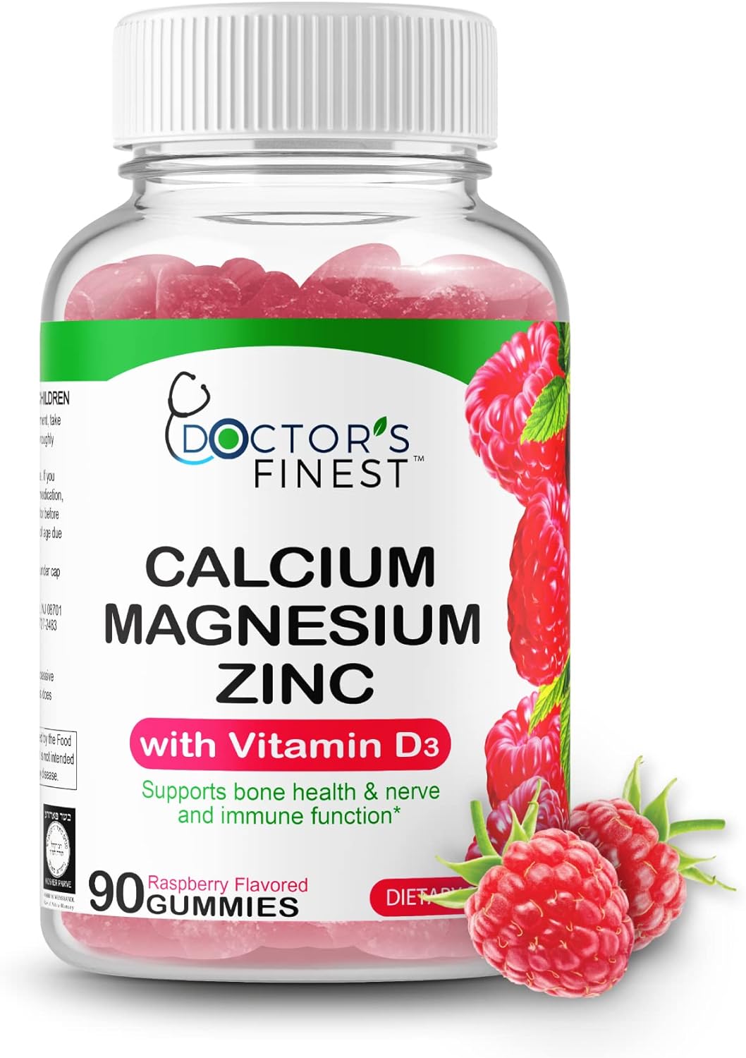Calcium Magnesium Zinc Gummies, Gmo-Free Gluten Free, Great Taste Natural Raspberry Flavor Gummy Vitamins, 90 Gummies