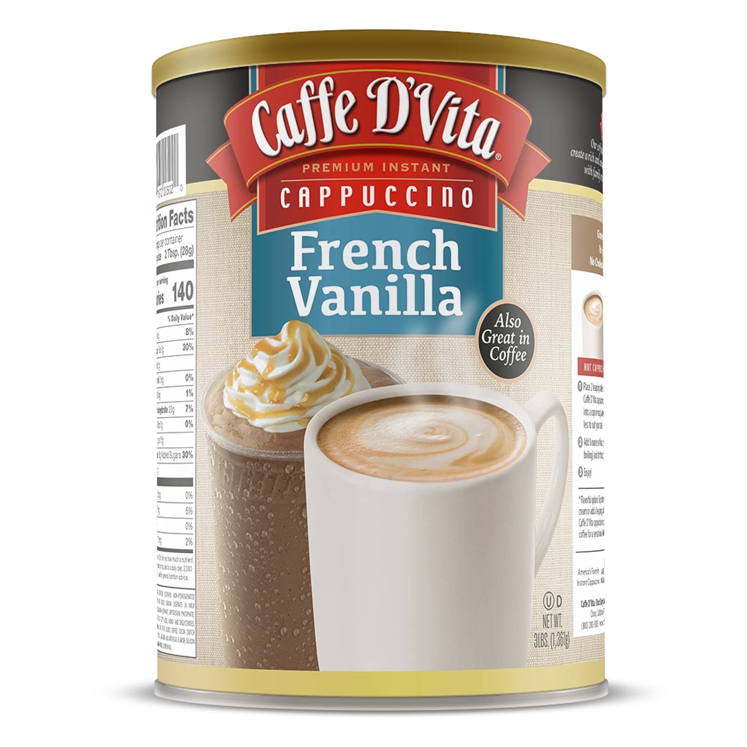 Caffe D’Vita French Vanilla Cappuccino Mix - Instant Cappuccino Mix, French Vanilla Instant Coffee, Gluten Free, No Cholesterol, No Hydrogenated Oils, 99% Caffeine Free - 3 Lb Can