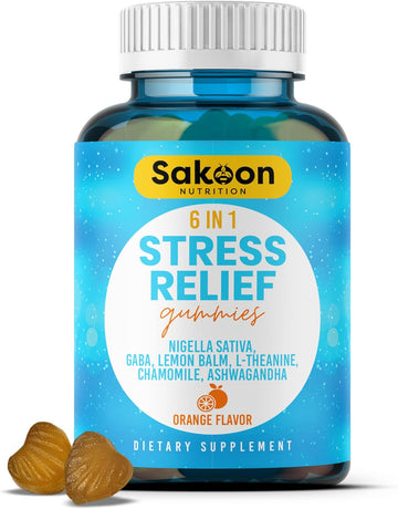 6-in-1 Stress Relief Gummies 60ct - Aids Relaxation with Ashwagandha, GABA, L-theanine, Lemon Balm, Chamomile, Black Cumin Seed Nigella Sativa. Improved Deep Sleep, Joint Pain help - 60 gummies