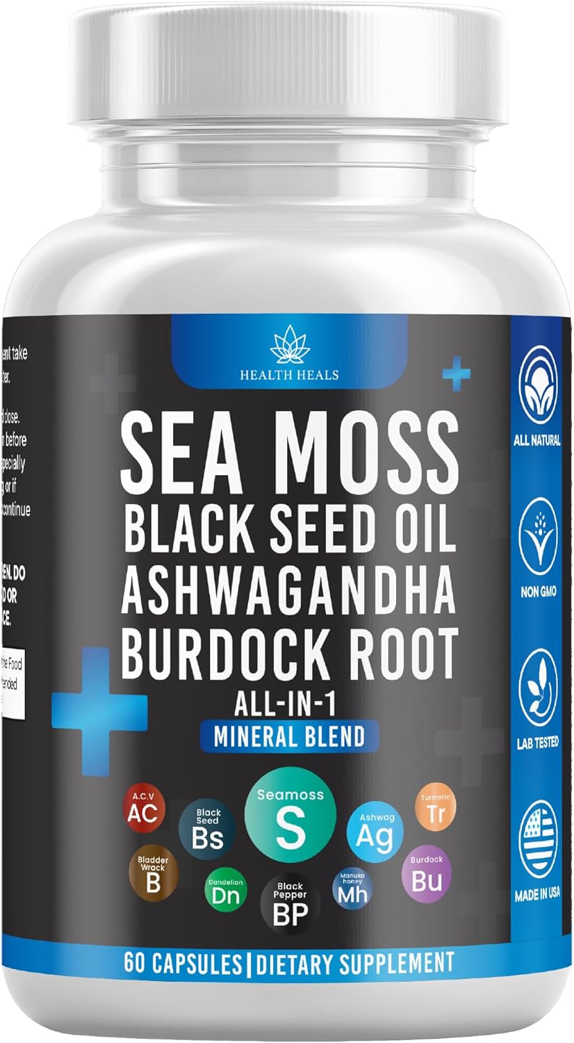 Silicon Sea Moss 3000 Black Seed Oil 2000 Ashwagandha 1000 Bladderwrack 1000 Burdock 1000-60 Count