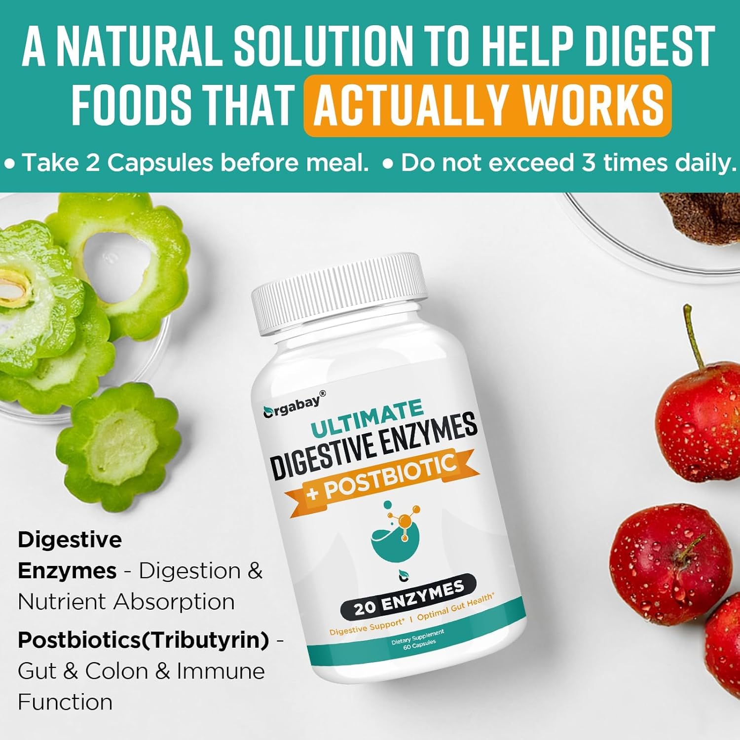 Orgabay Digestive Enzymes 1000Mg With Postbiotics, 20 Enzyme Blend For Bloating, Optimal Digestion And Gut Function, 60 Veggie Capsules : Health & Household