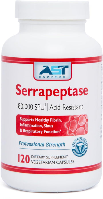 Ast Enzymes Serrapeptase 80,000 Spu – 120 Vegetarian Capsules - Premium Natural Systemic Enzymes – Acid-Resistant Serrapeptase