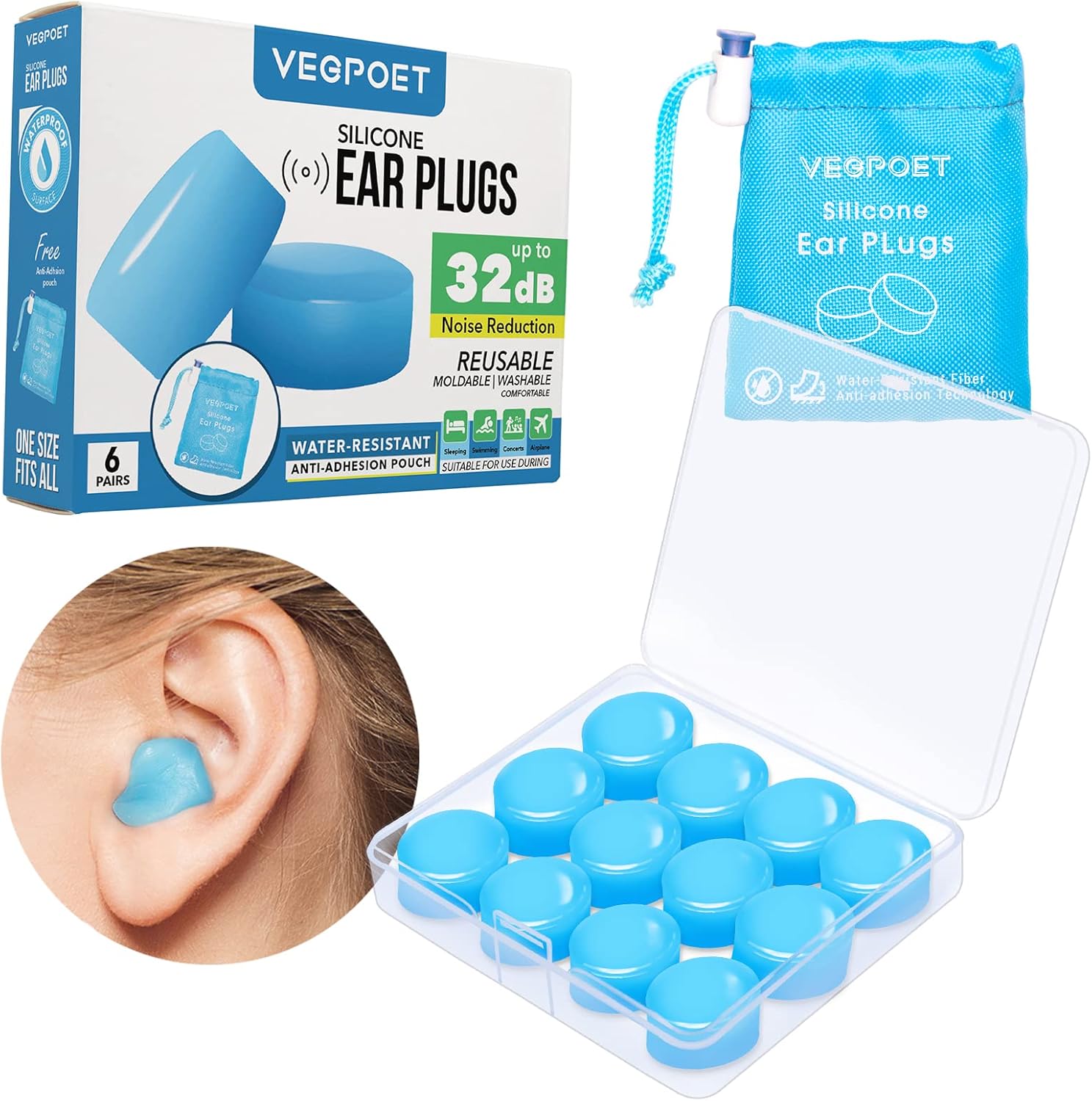 Ear Plugs For Sleeping - Vegpoet Reusable Moldable Silicone Earplugs Noise Cancelling Reduction For Concerts, Swimming, Shooting, Snoring, Airplane, Musicians, Motorcycle, 12 Pack Deep Blue